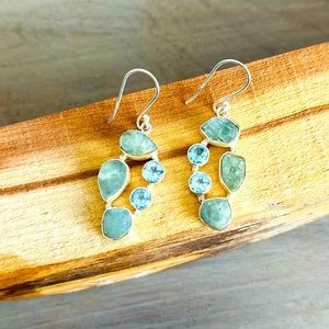 Genuine Aquamarine Crystal Gemstone Earrings Stamped Sterling Silver .925
